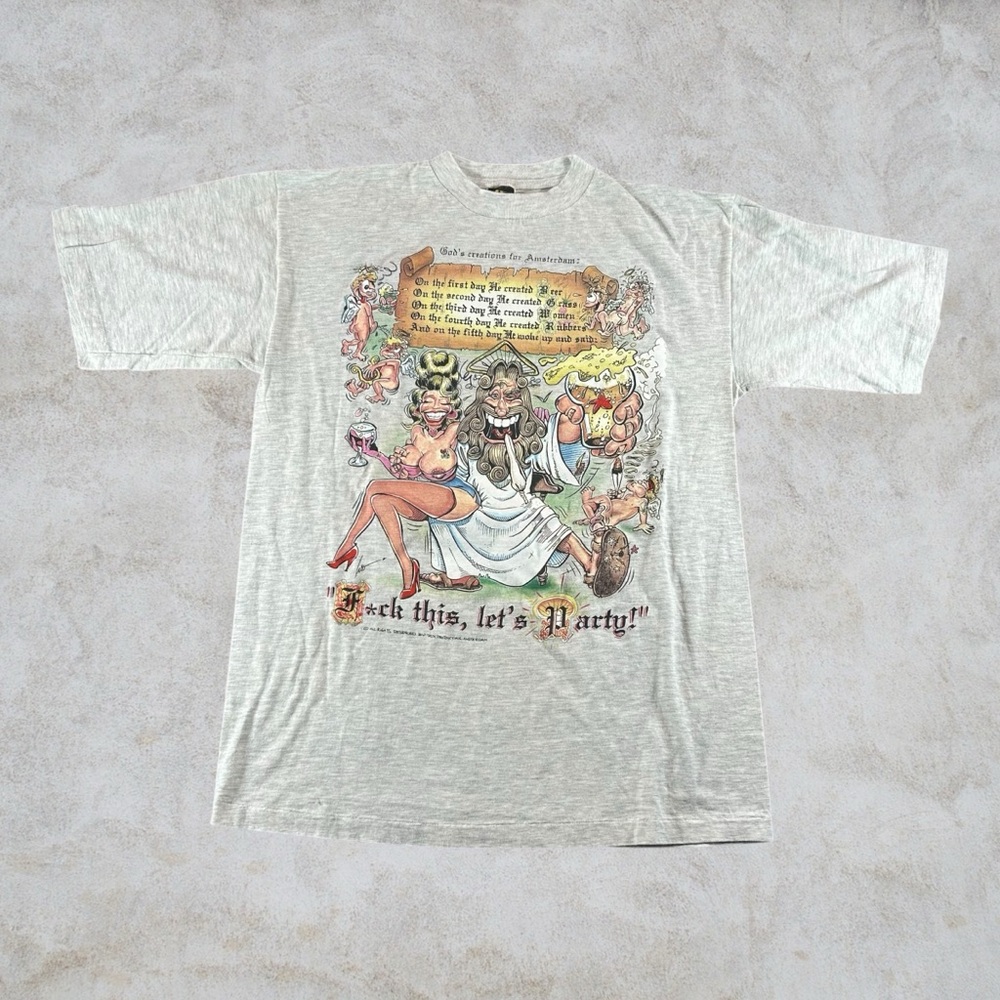 Vintage Jesus Shirt‎ Mens Large Gray 90s F This Lets Party Dirty Humor Drugs God